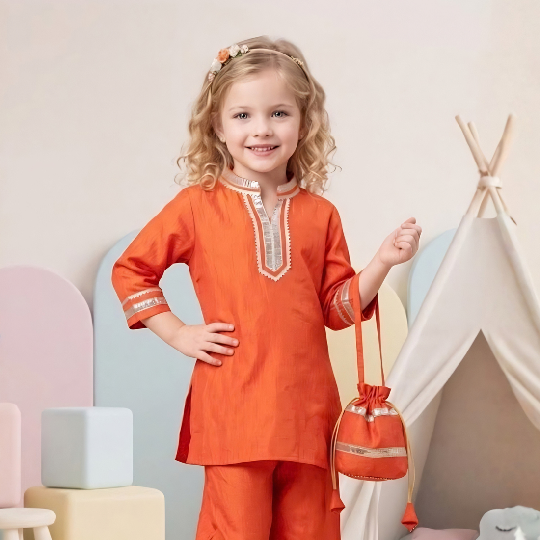Trendy Kids Girls Orange Embroidered Kurti Palazzo Set