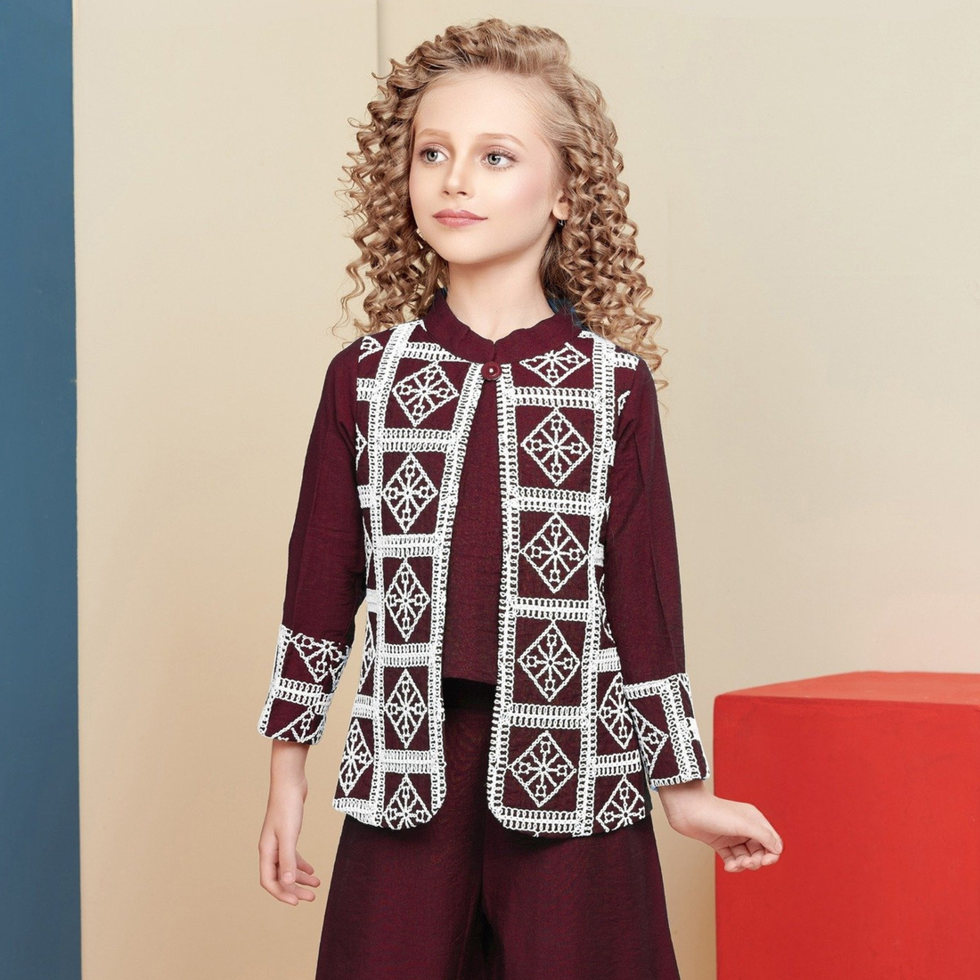 Girls Maroon Embroidered Top With Jacket palazzo Set