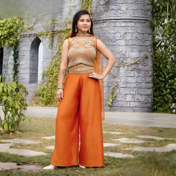 Orange Embroidered Silk Palazzo Suit