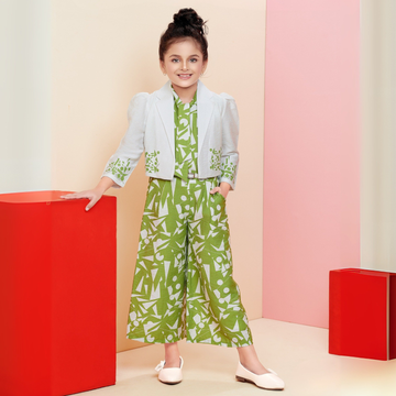 Green Jacket Styled Palazzo Set For Girls