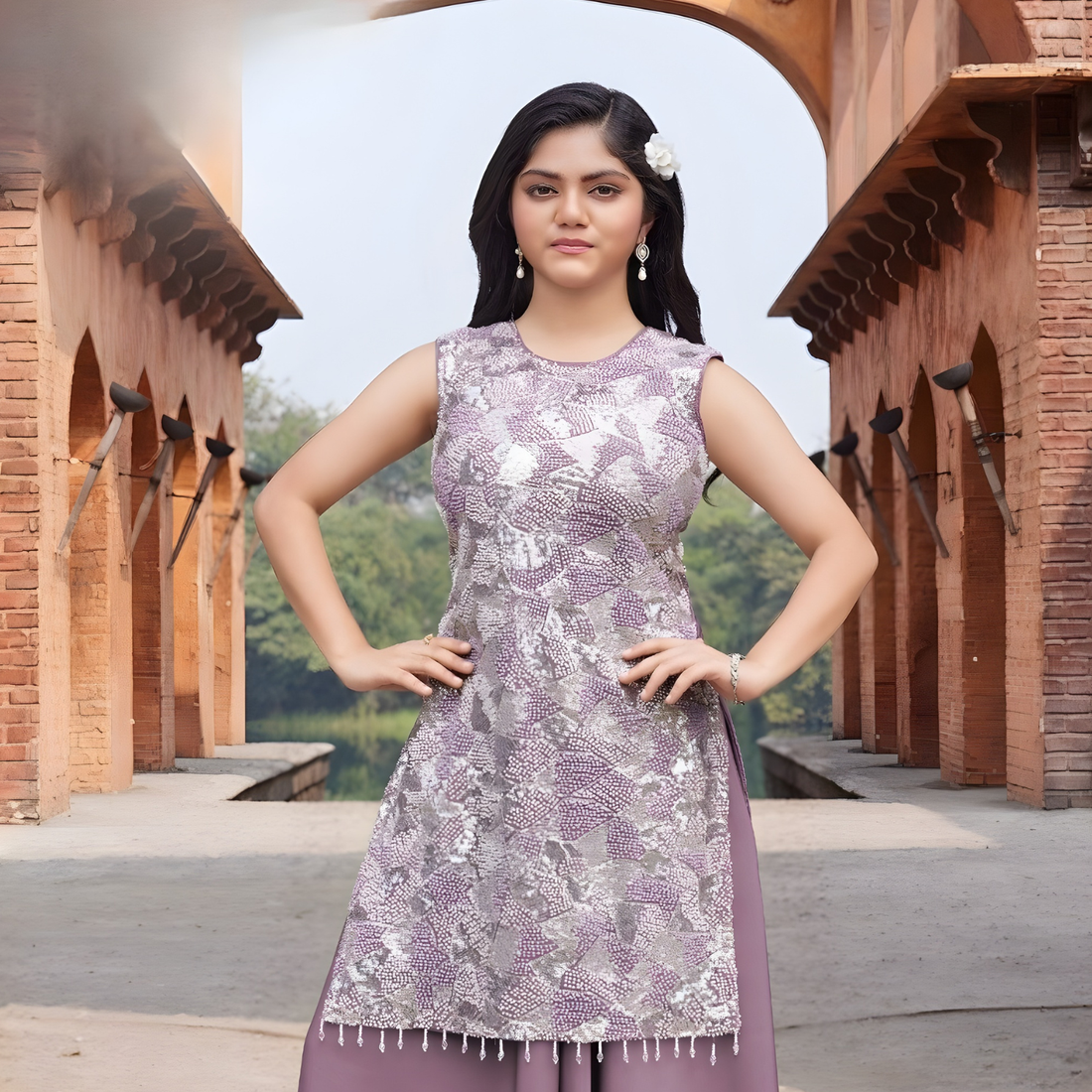 Purple Sequins work Sharara Suit Set for Girls