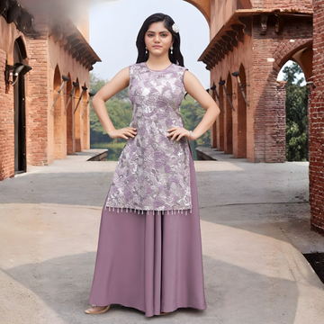 Purple Sequins work Sharara Suit Set for Girls