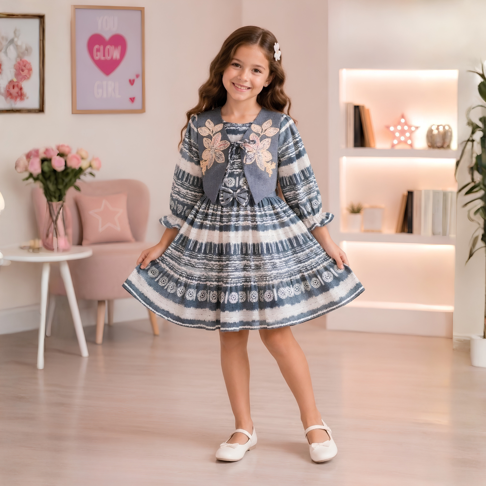 New Stylish Girls Printed Frock With Jacket Set