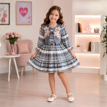 New Stylish Girls Printed Frock With Jacket Set