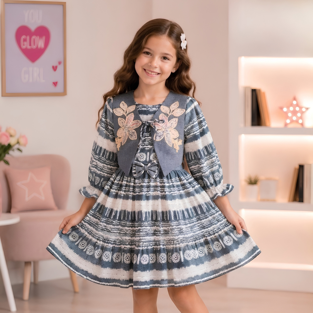 New Stylish Girls Printed Frock With Jacket Set