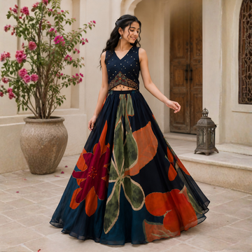 Designer Blue Floral Printed Lehenga Choli with Dupatta