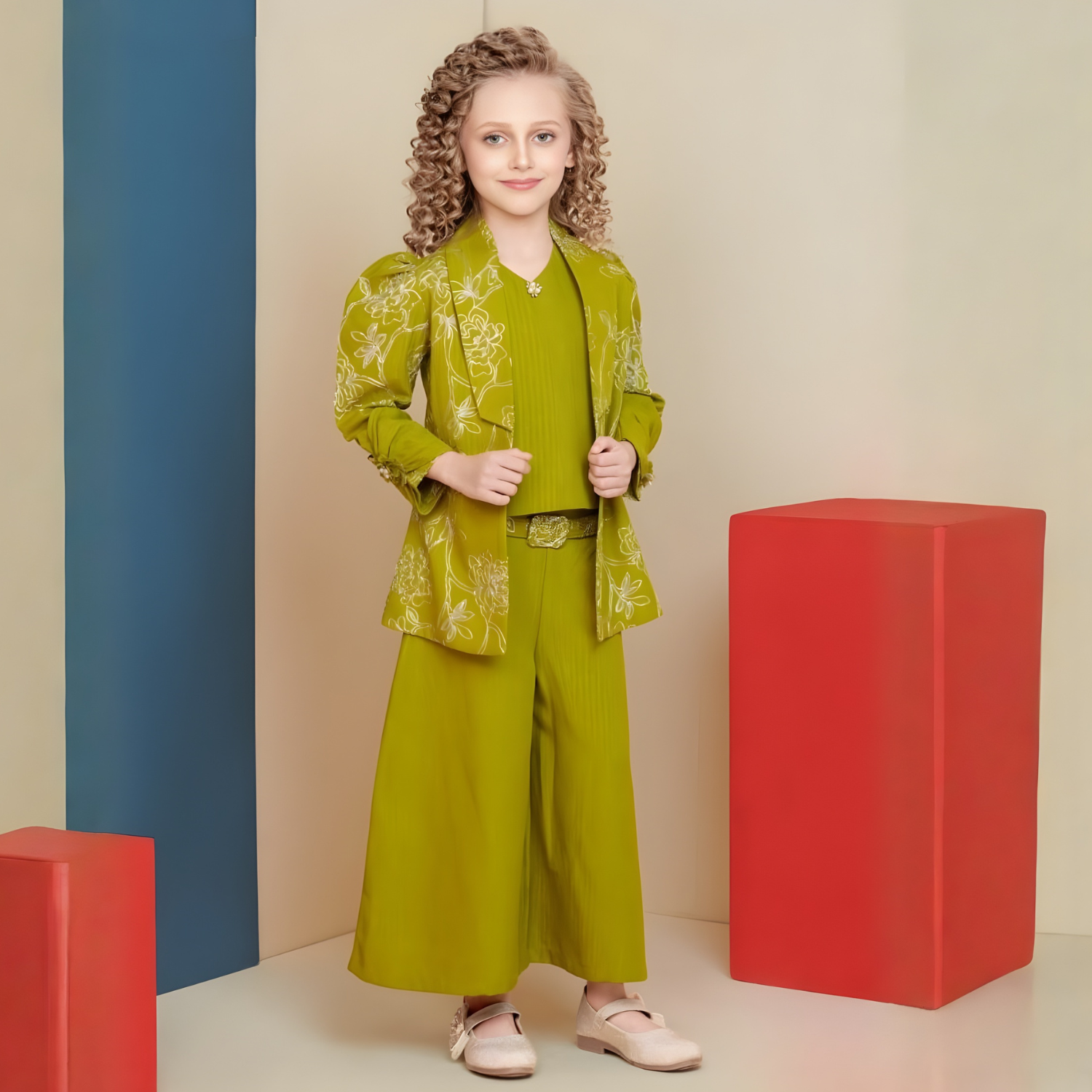 Green Thread work Jacket Styled Palazzo Set for Girls