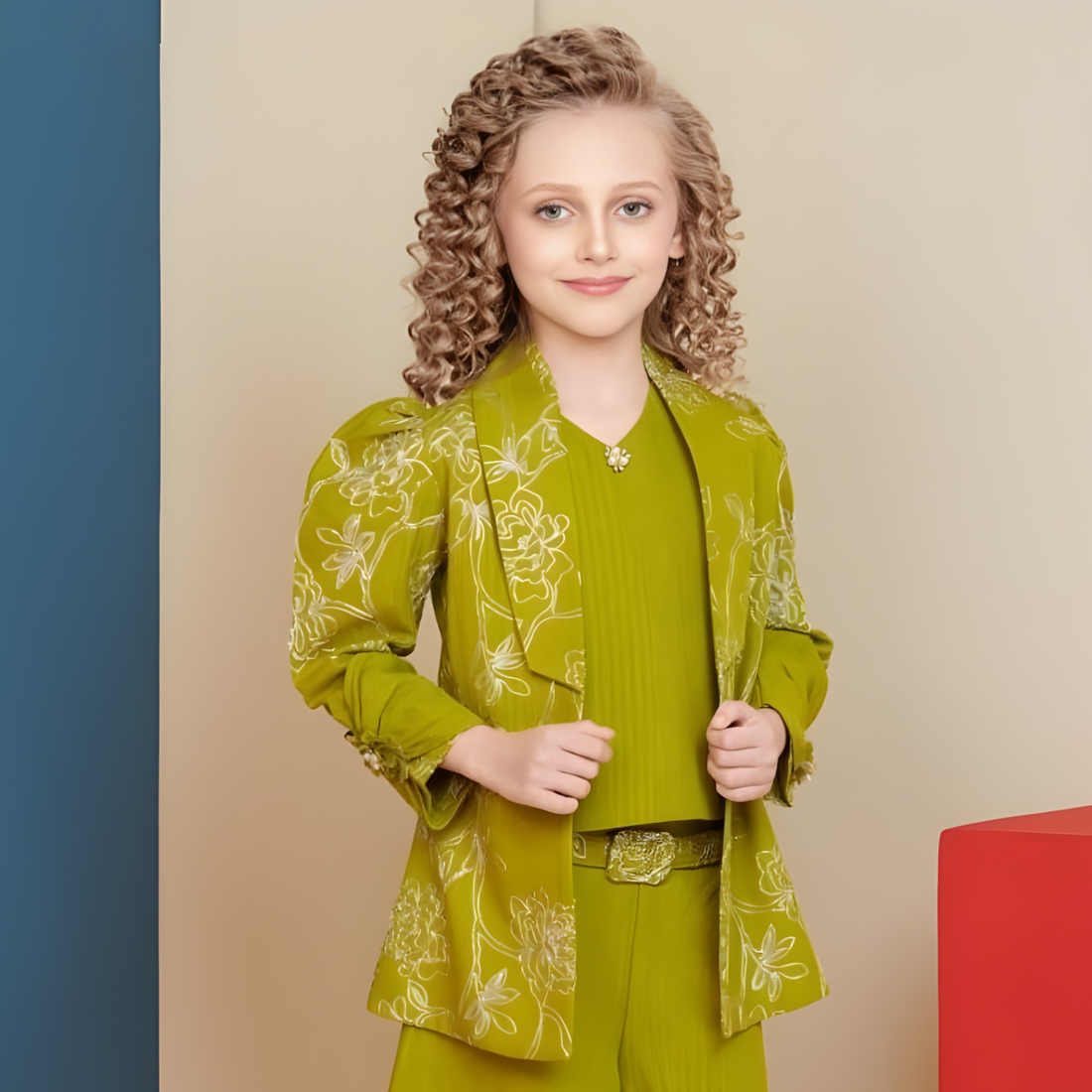 Green Thread work Jacket Styled Palazzo Set for Girls