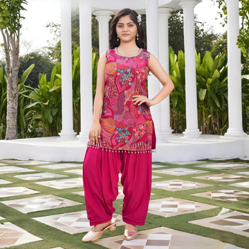Rani Pink Embroidered Patiala Suit Set For Girls