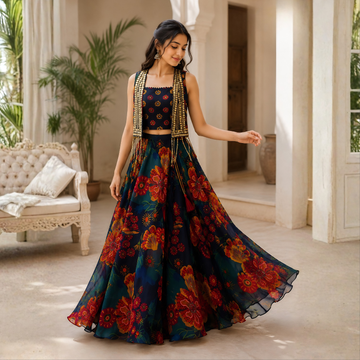 Designer Blue Floral Printed Lehenga Choli with Dupatta