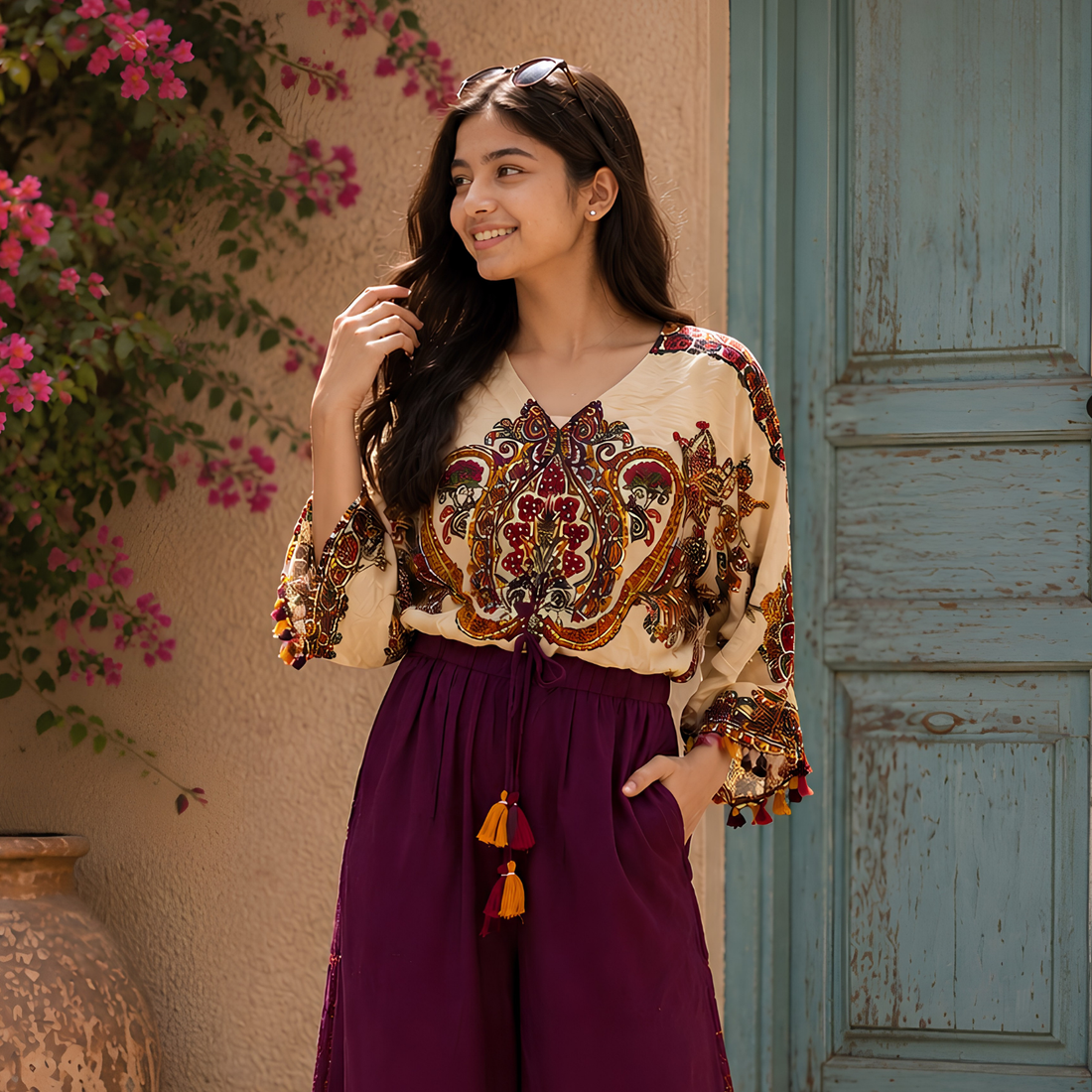 Lovely Fashion Printed Top Girls Party Wear Palazzos Set