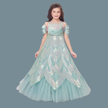 Sea Green Coloured Off Shoulder Self Design Gown For Girls
