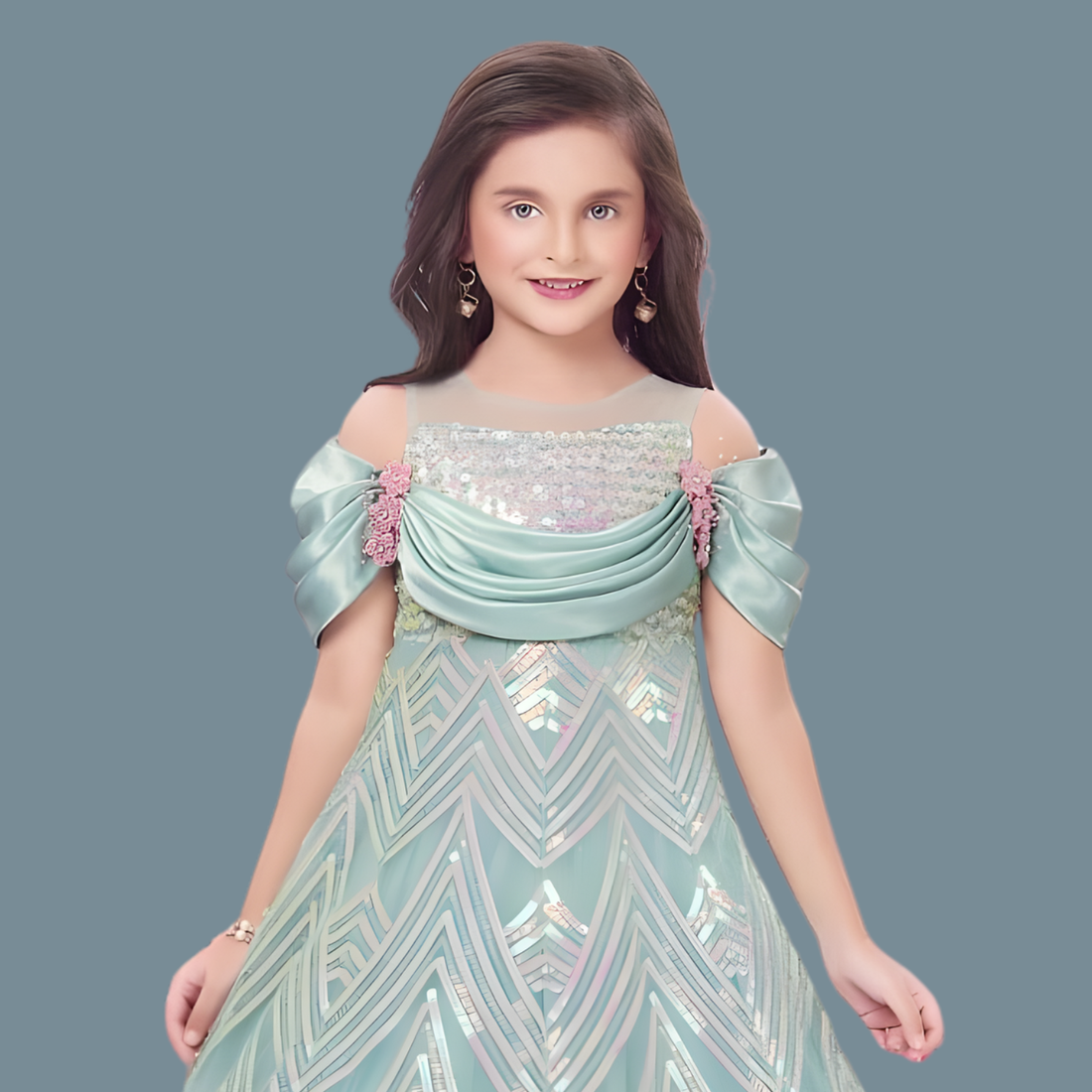Sea Green Coloured Off Shoulder Self Design Gown For Girls