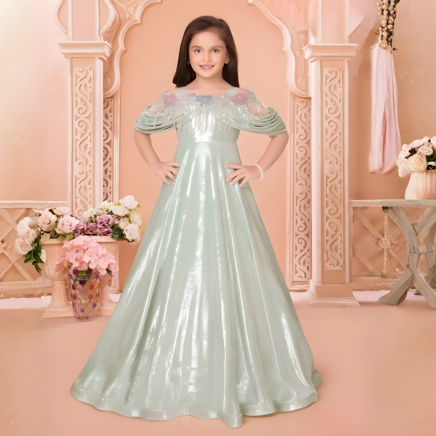 Girls Pista Green Party Wear Gown