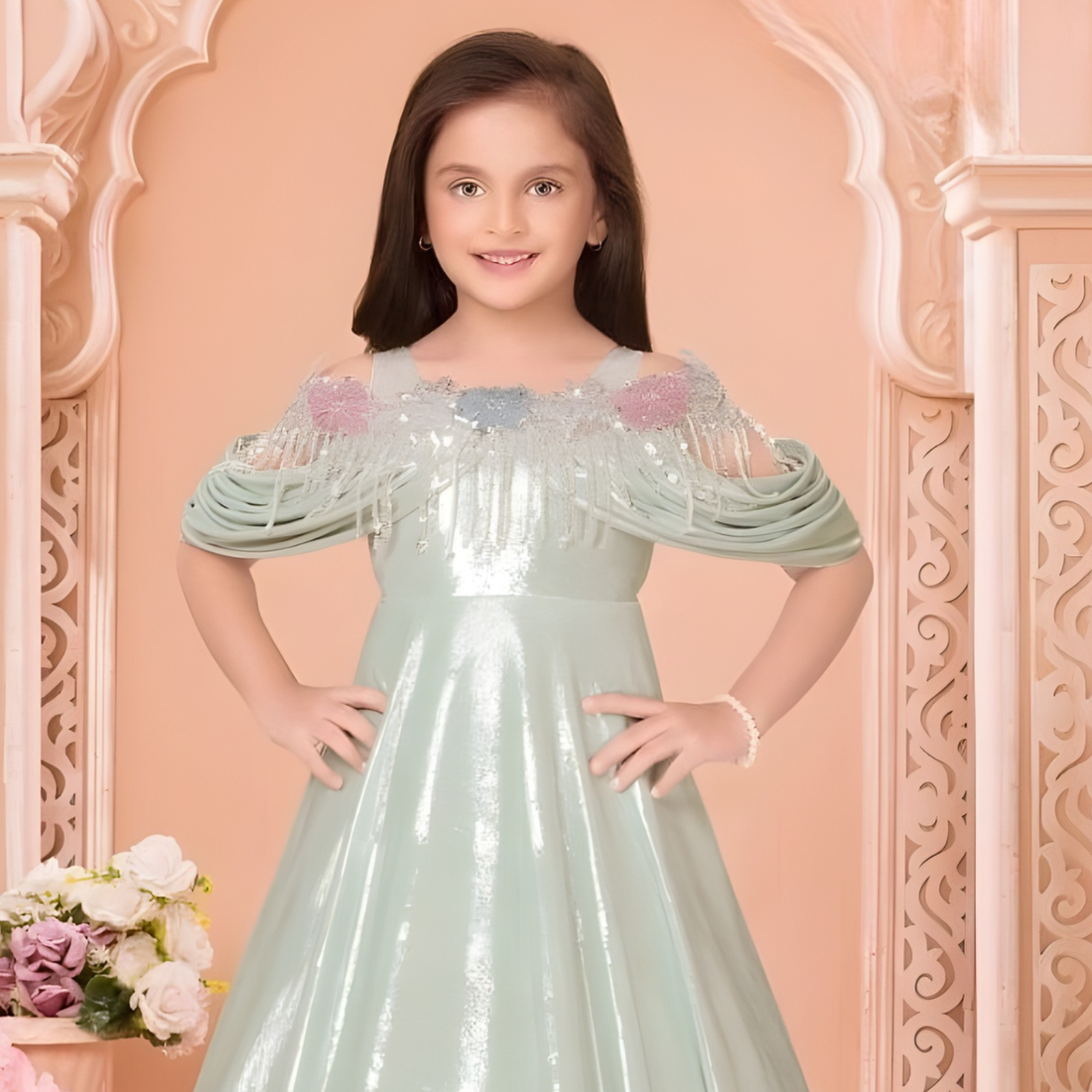 Girls Pista Green Party Wear Gown