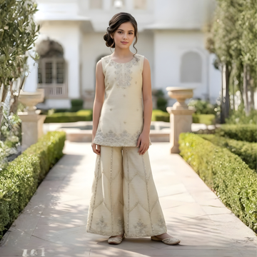 Yellow Embroidered Georgette Palazzo Set For Girls