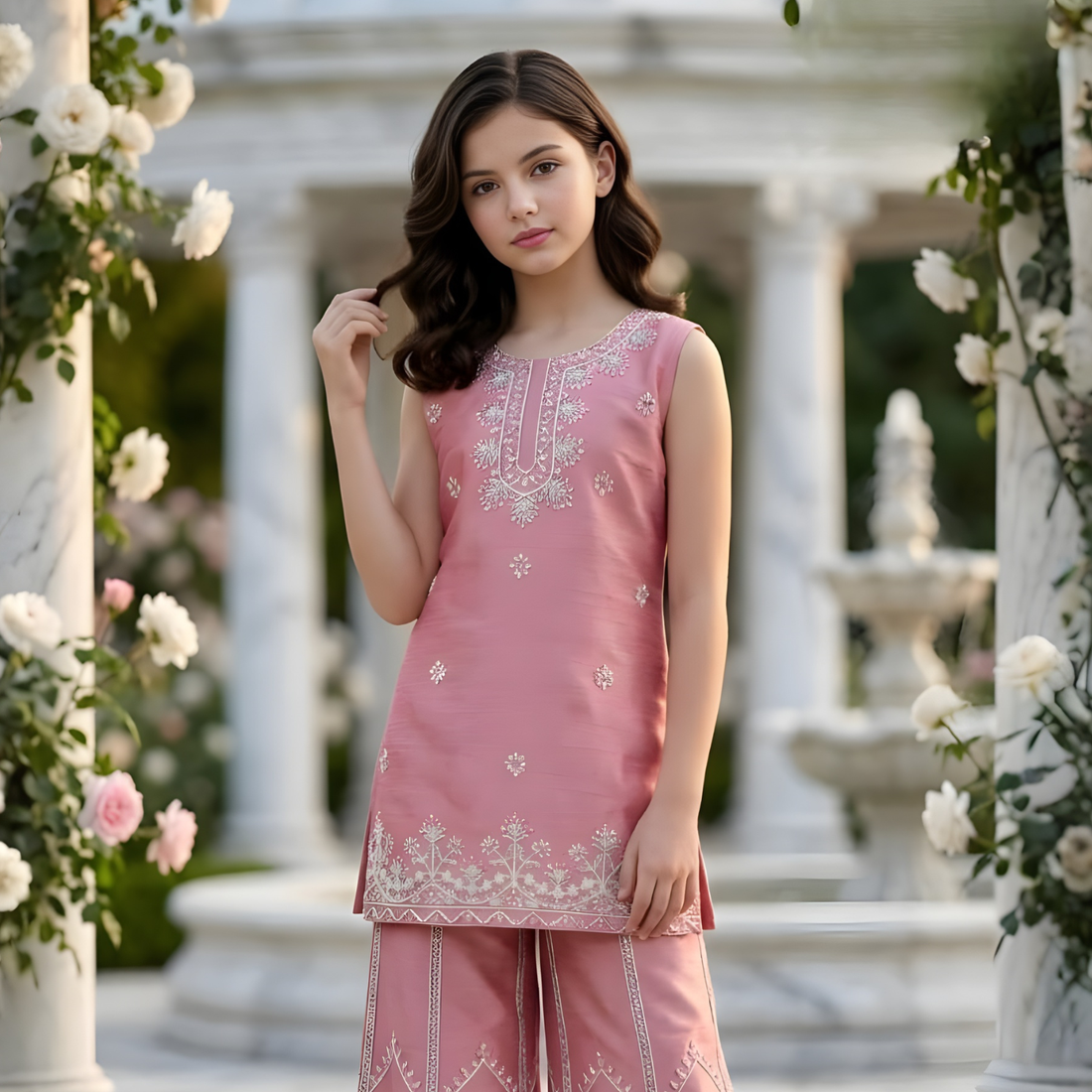Pink Embroidered Georgette Palazzo Set For Girls