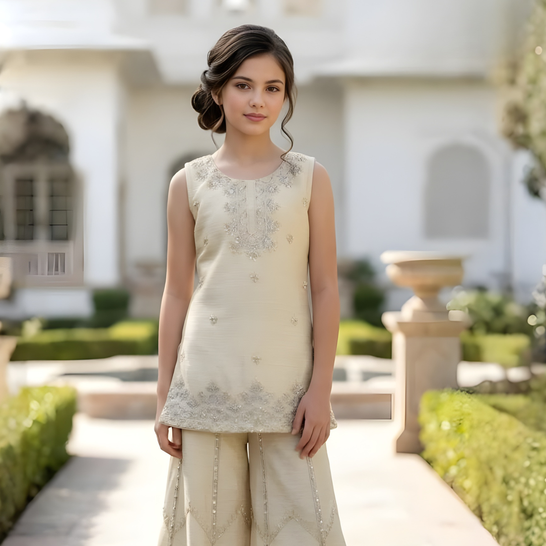 Yellow Embroidered Georgette Palazzo Set For Girls