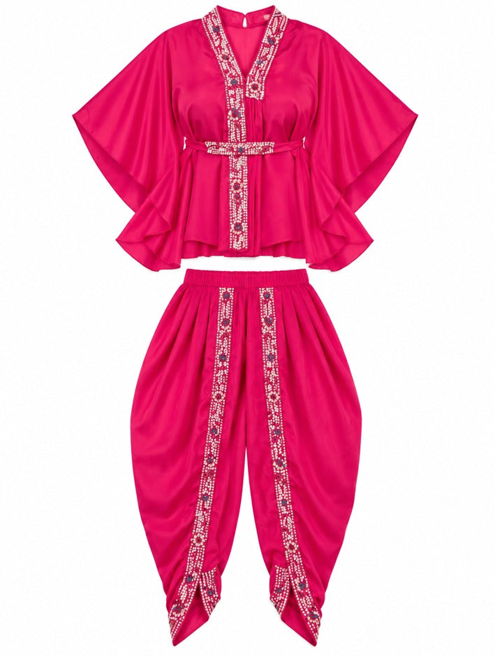 Girls Rani Embellished Kaftan Top and Dhoti Pant Set