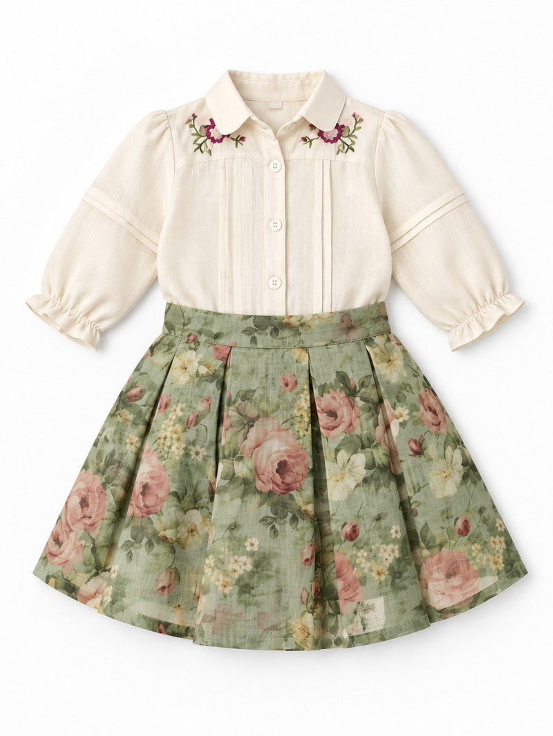 Girls Cream Shirt and Green Floral Pleated Skirt Set