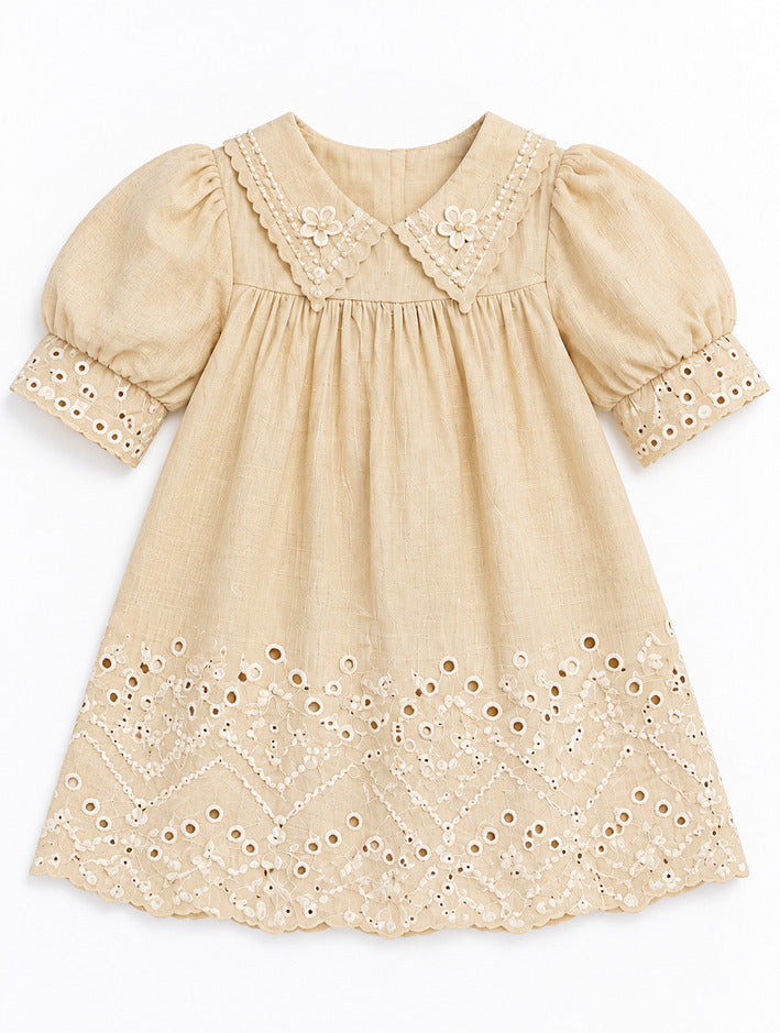 Girls Cream Frock with Cutwork Hem and Puff Sleeves