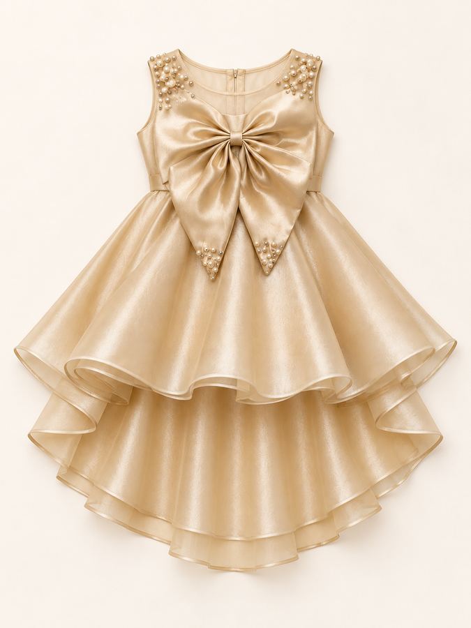 Girls Fawn Satin Party Frock with Big Bow