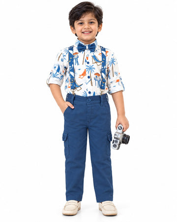 Boys Blue Beach Print Shirt, T-shirt, Bow Tie, Suspenders and Cargo Pants Set (Shoes Not Included)