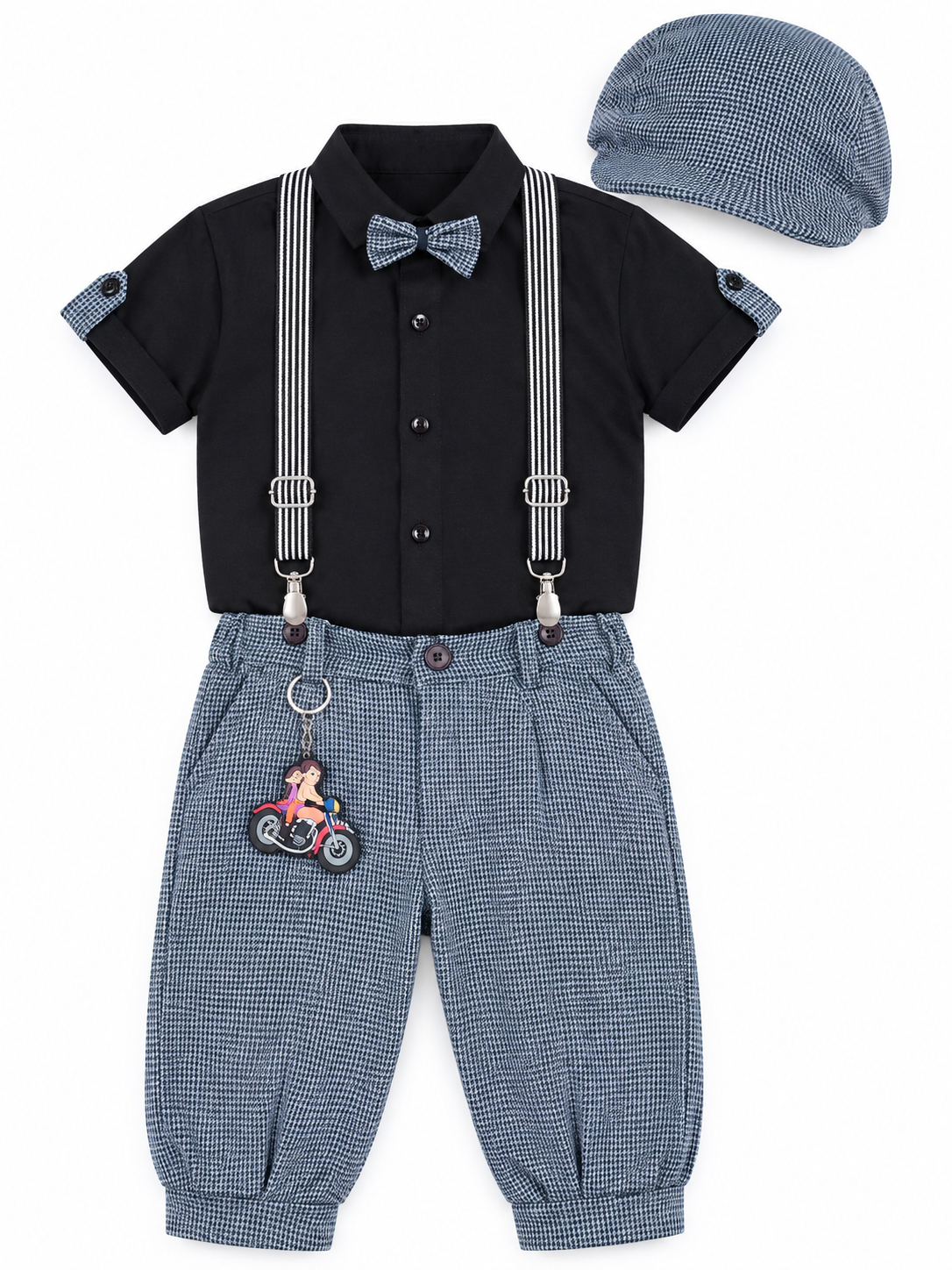 Boys Black Shirt and Grey Shorts Set with Bow Tie and Suspenders