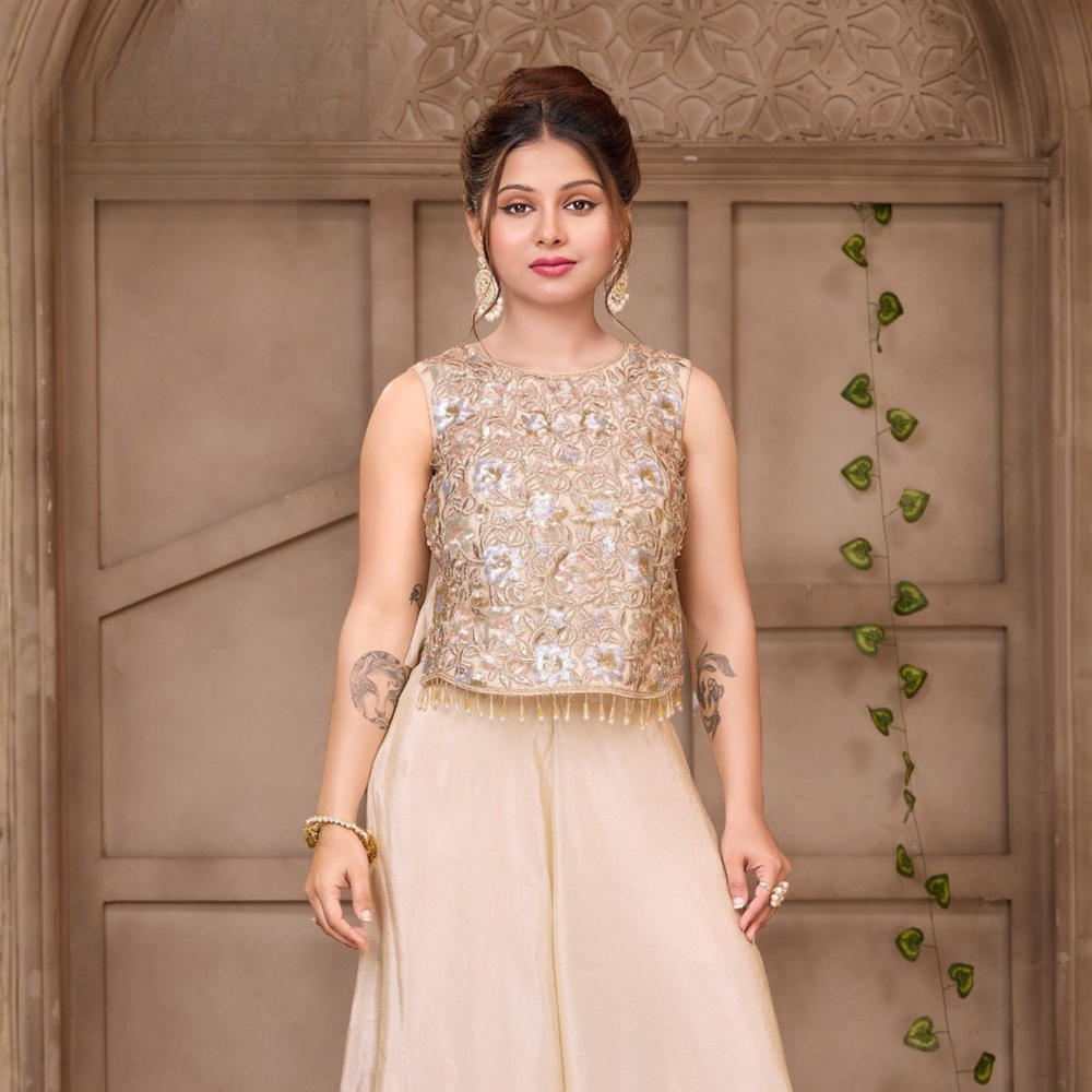 Trendy Girl Embroidered Crop Top Palazzo Set for Girls