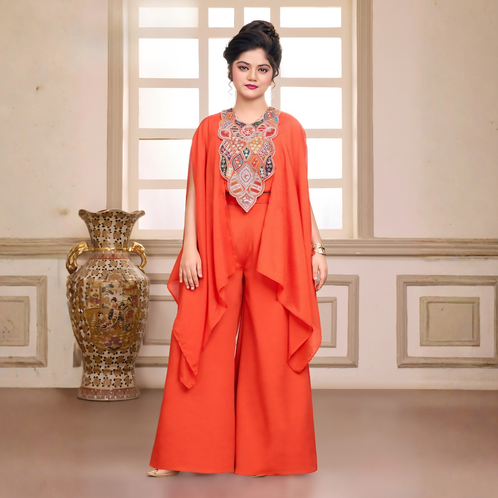 Orange Ethnic Indo Western Top And Palazzo Set