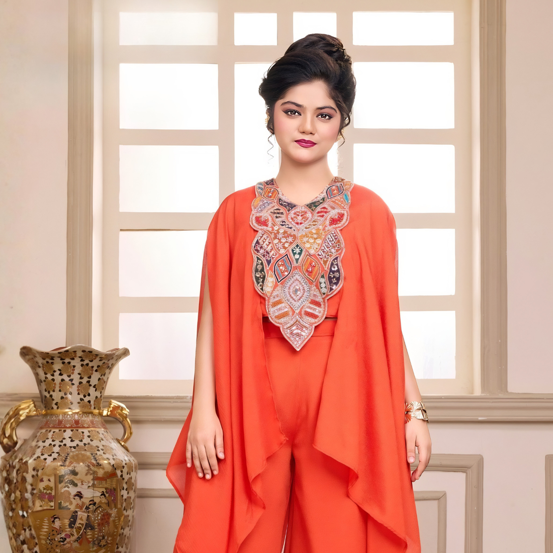 Orange Ethnic Indo Western Top And Palazzo Set