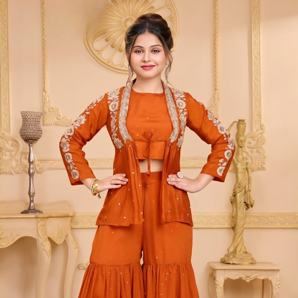 Orange Embroidered Jacket with Palazzo Suit