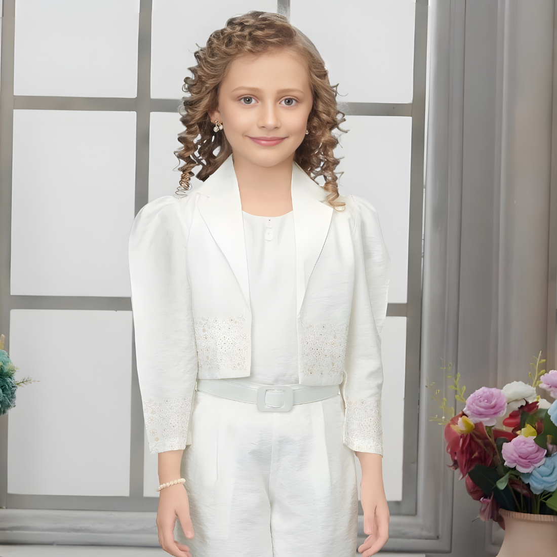 Girls White knit palazzo set with Jacket