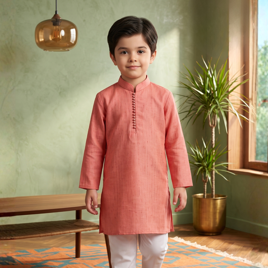 Pink Kurta with White Pajama Set For Boys