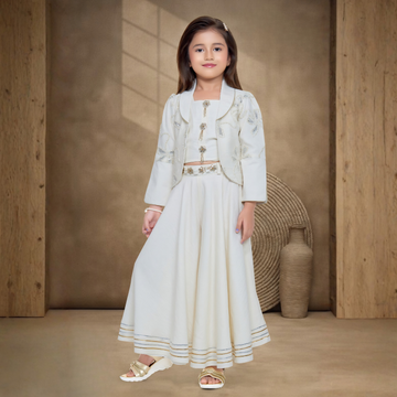 Cream Embroidered Palazzo Set With Jacket For Girls