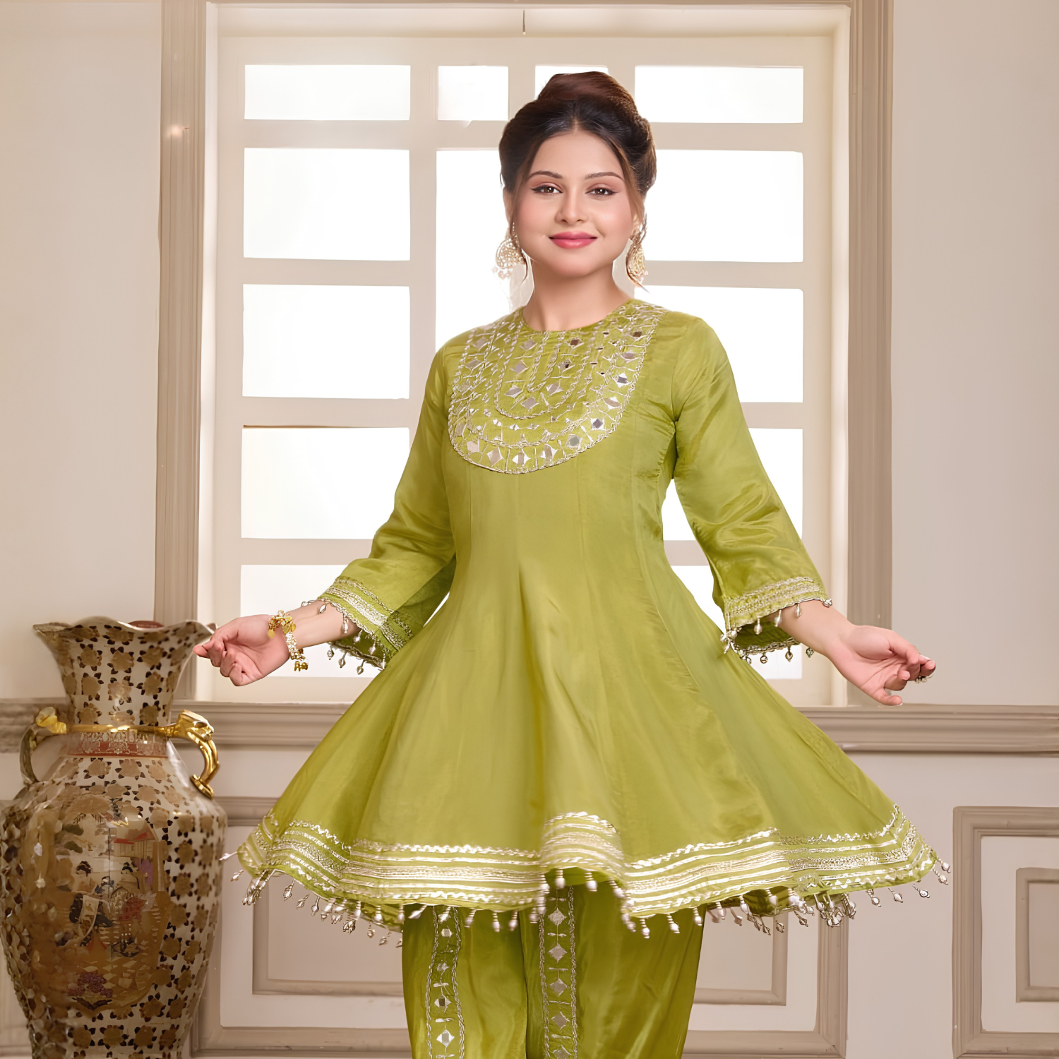 Girls green embroidered Anarkali suit set close view