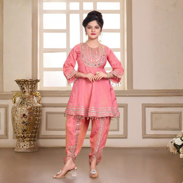 Peach Mirror Work Dhoti Kurta Set