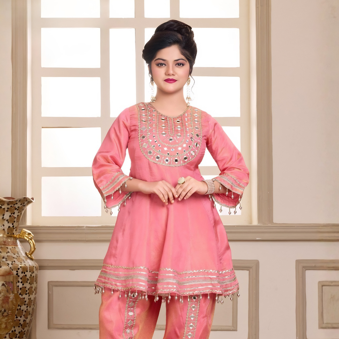 Peach Mirror Work Dhoti Kurta Set