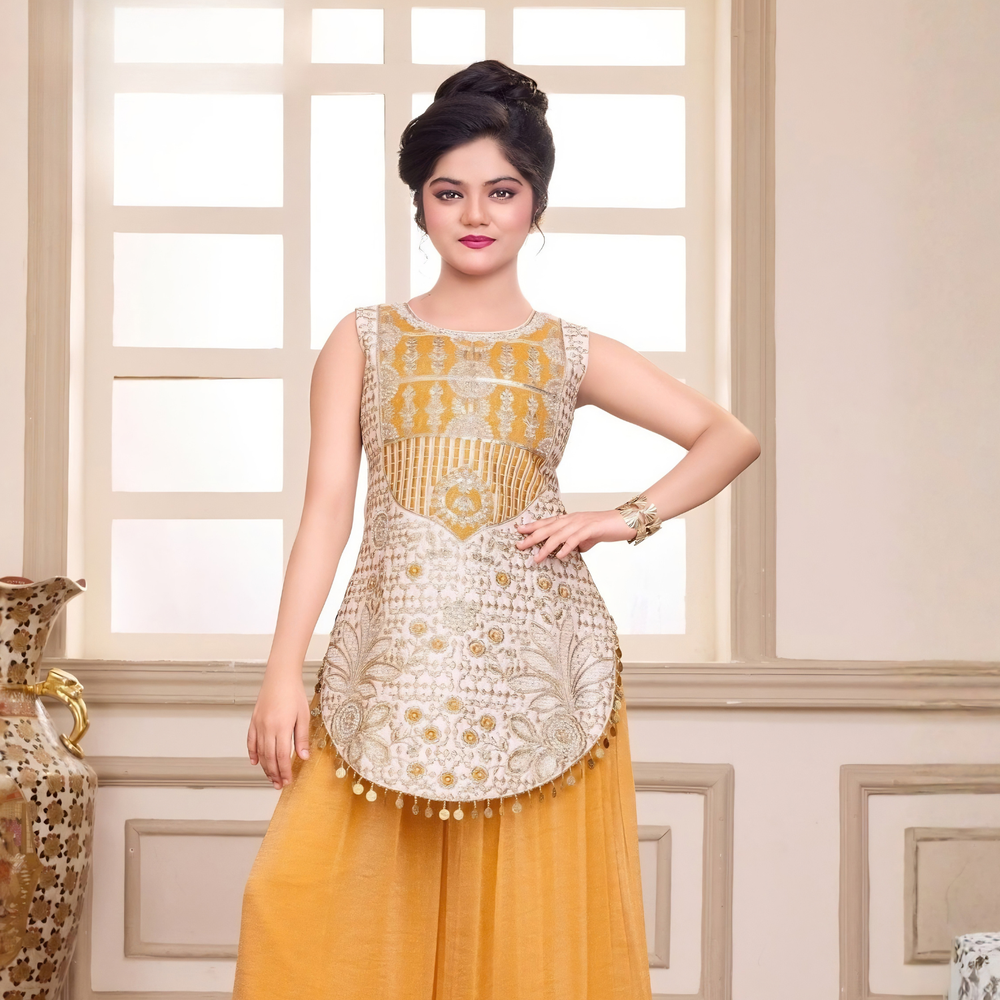 Gold Palazzo Suit with Embroidery & Sequence Work