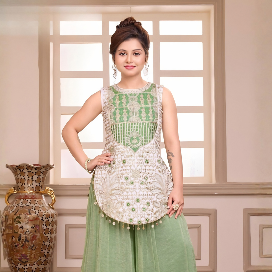 Green Palazzo Suit with Embroidery & Sequence Work