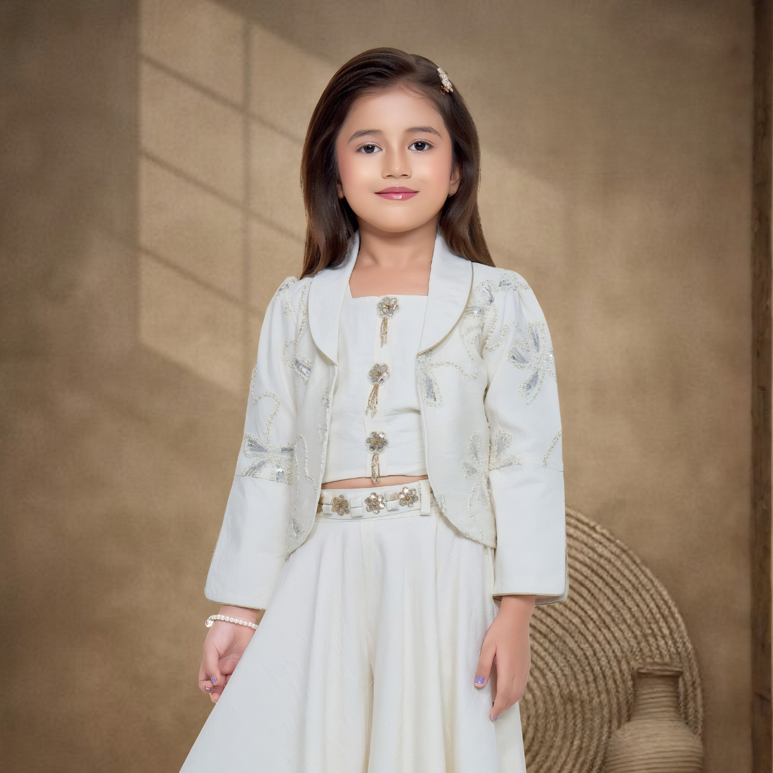 Cream Embroidered Palazzo Set With Jacket For Girls