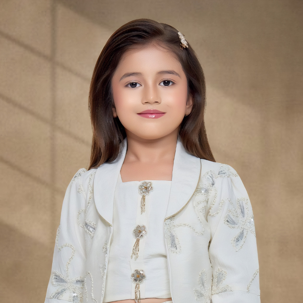 Cream Embroidered Palazzo Set With Jacket For Girls