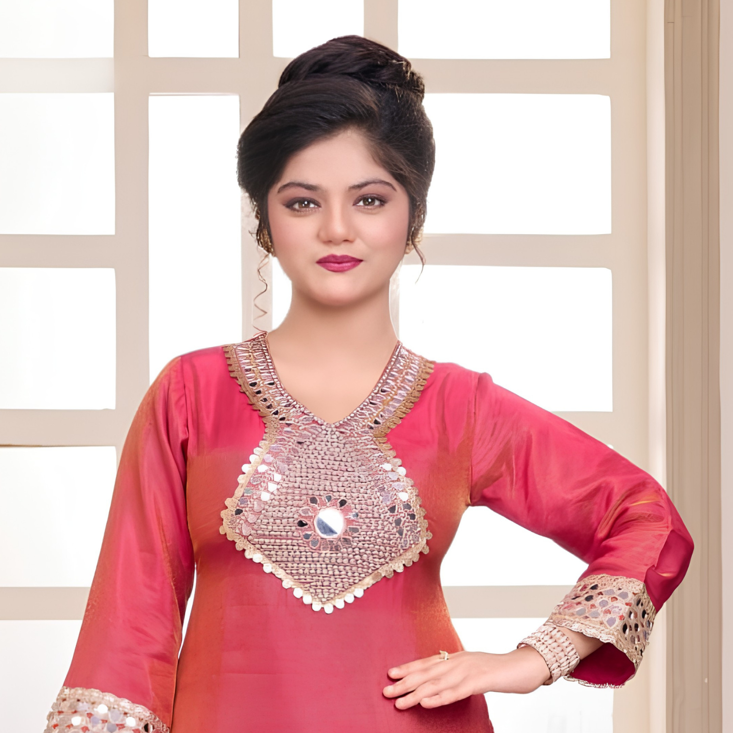 Girls wine pink embellished kurta pant set detail