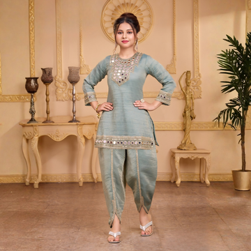 Green Embroidered Dhoti & Kurti Set Dupatta For Girls
