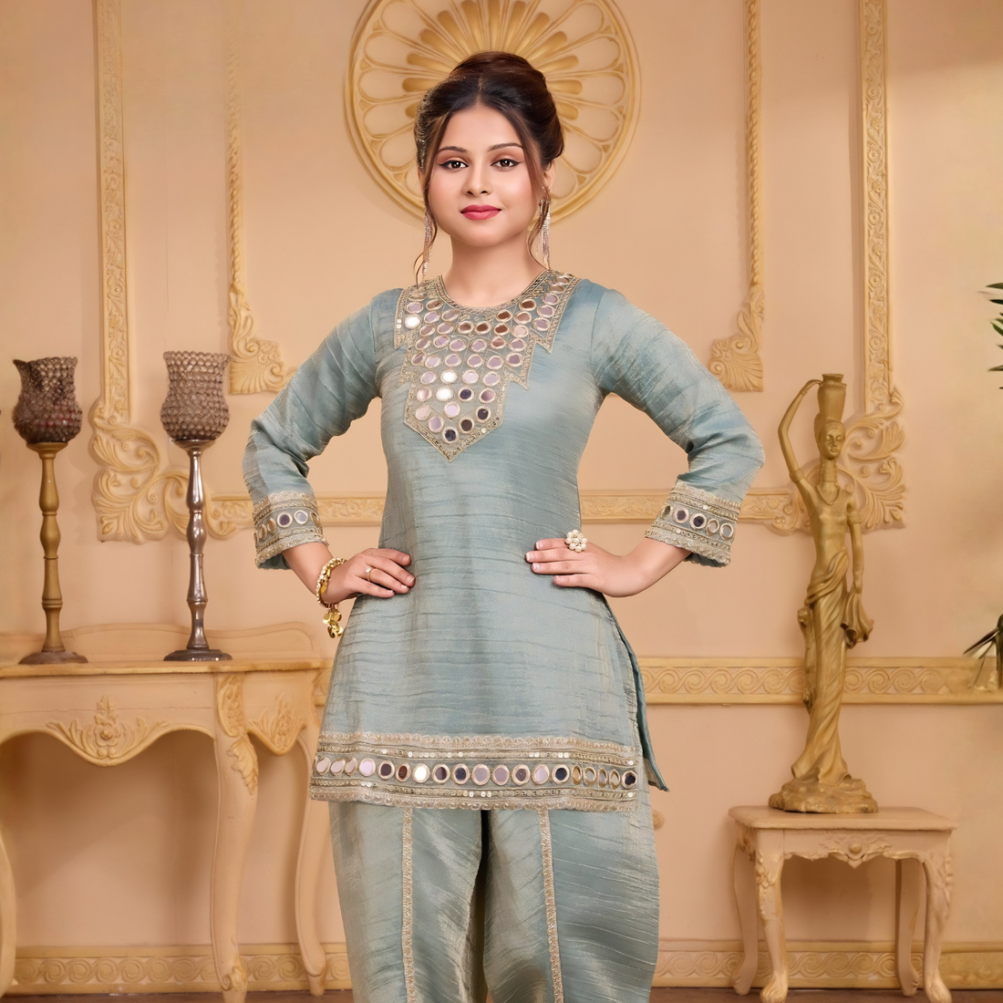 Green Embroidered Dhoti & Kurti Set Dupatta For Girls