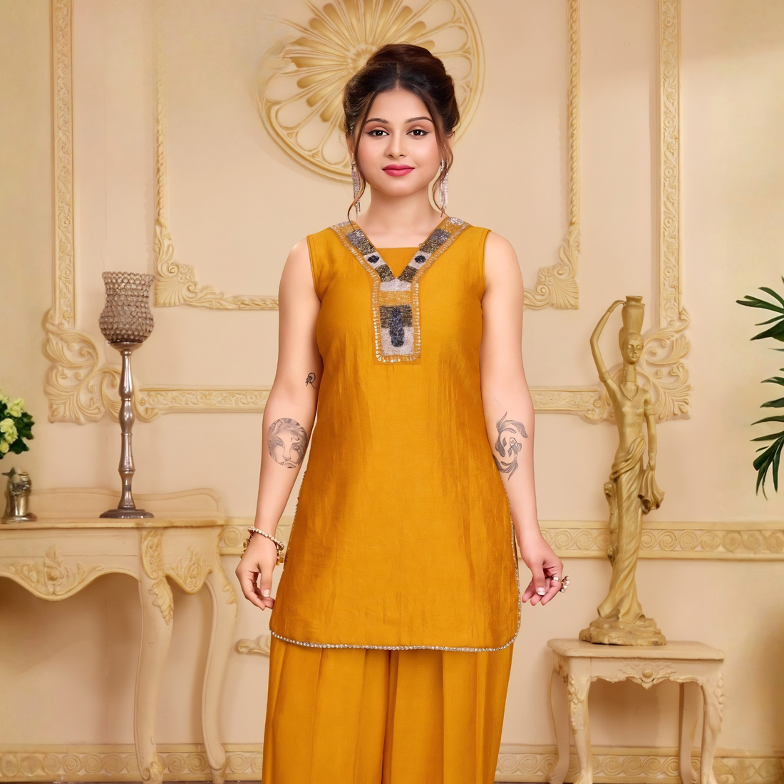 Gold Short Kurta Palazzo Set with Dupatta