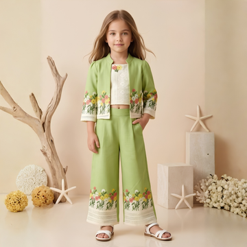 Green Stylish Pant Set With Jacket For Girls