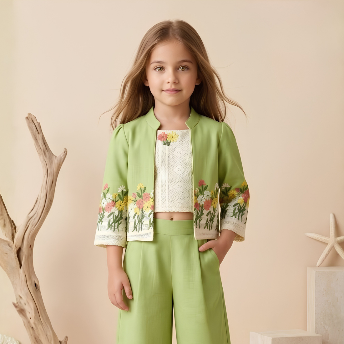 Green Stylish Pant Set With Jacket For Girls