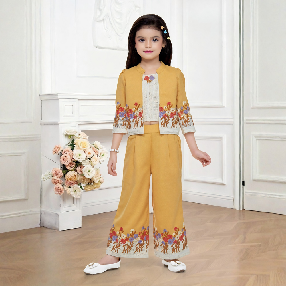 Yellow Stylish Pant Set With Jacket For Girls