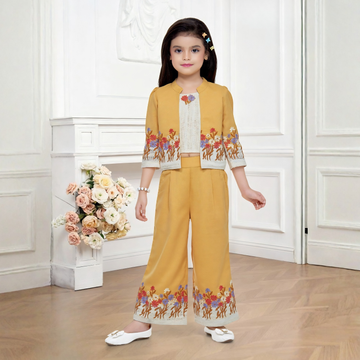 Yellow Stylish Pant Set With Jacket For Girls